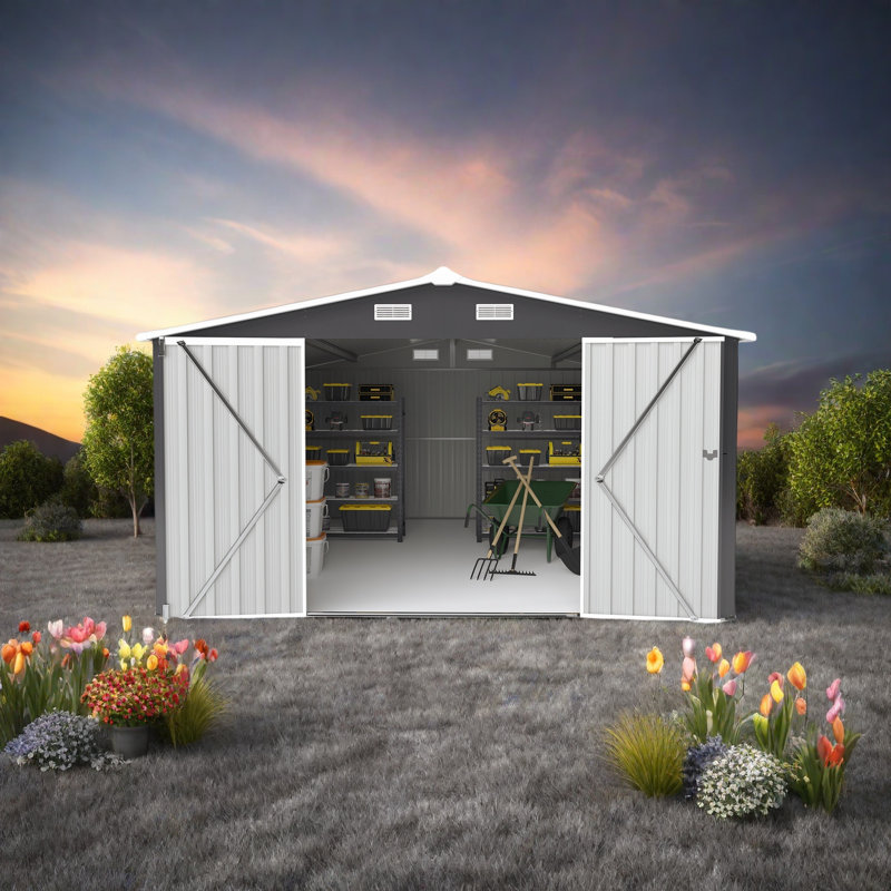 Remise de rangement extérieure durable avec portes à trois charnières - Panneaux en acier de couleur résistante (0,25 mm) - Rangement de jardin ou de cour moderne résistant aux intempéries et aux égratignures