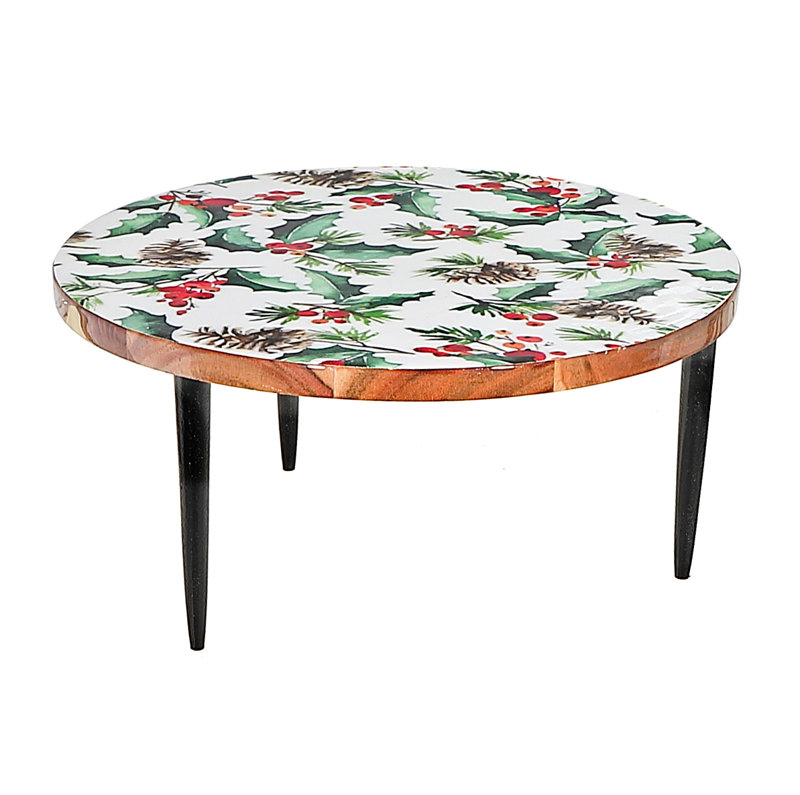 Présentoir à gâteaux de Noël en bois d'acacia émaillé Holly Berries