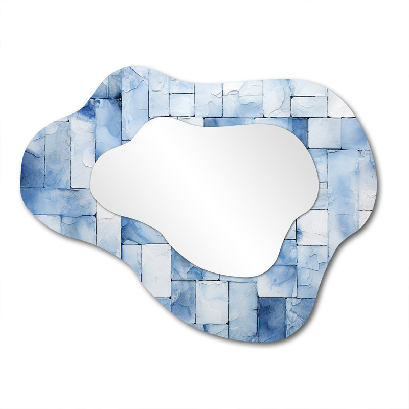 White and blue Scandinavian Tiles II - Boho Mosaic Asymmetrical Decorative Mirror, Bohemian Cloud Wall Mirror, Printed Metal Art