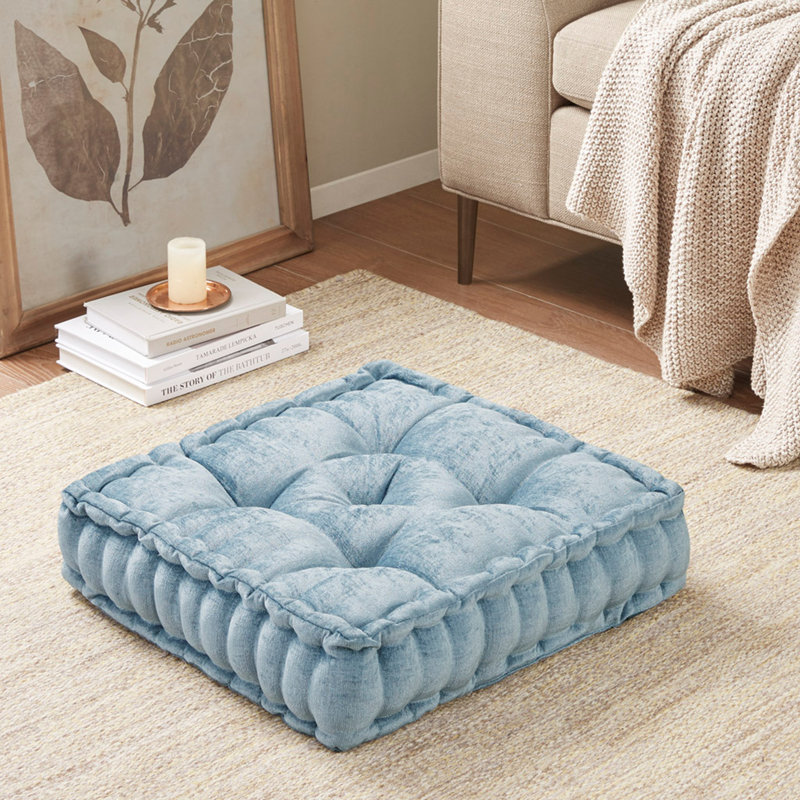 Chenille Square Floor Pillow Cushion, Aqua, 20" W x 20" D