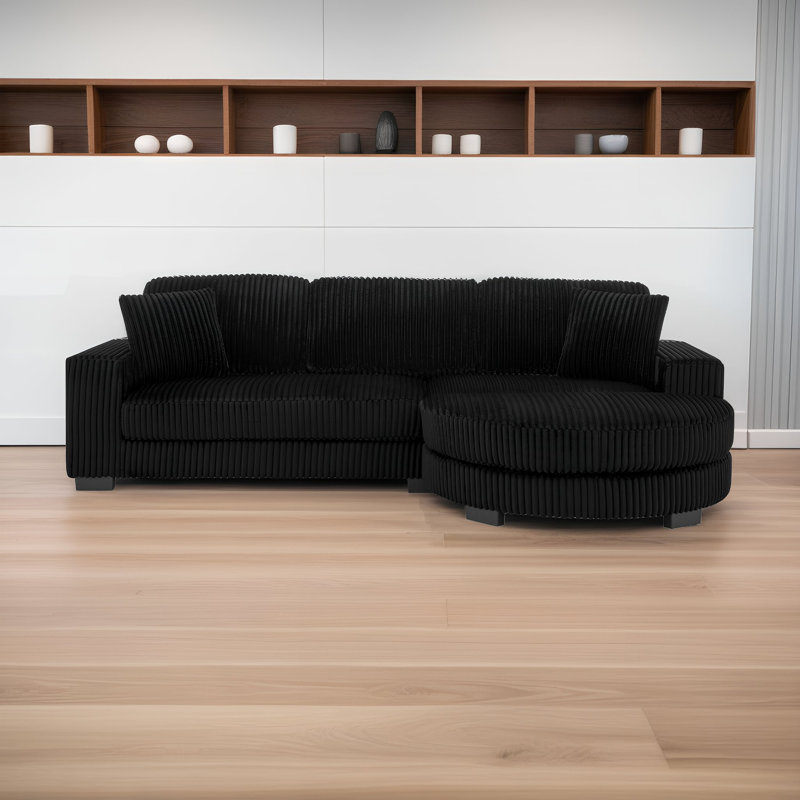 Canapé-lit modulaire convertible en L avec repose-pieds courbé en velours côtelé moelleux, Noir