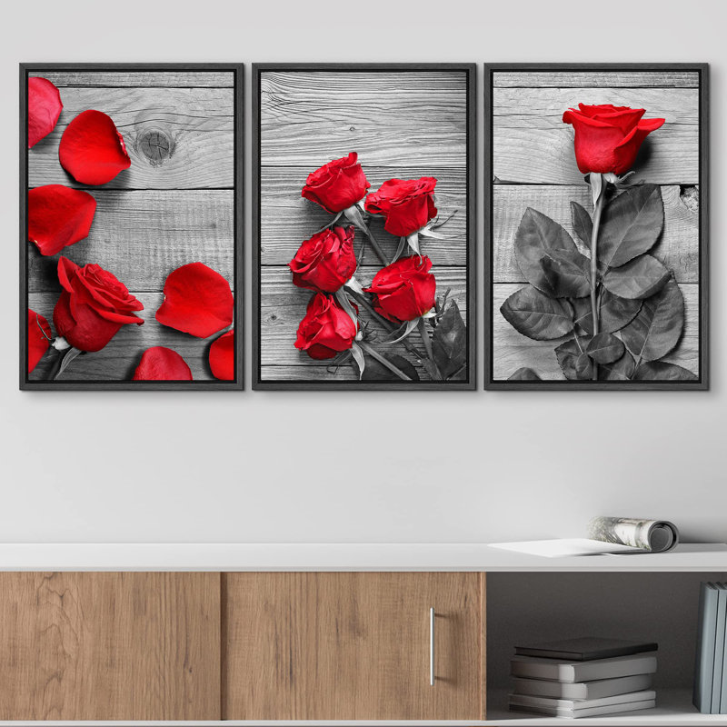 Black and White Roses with Touch of Red Color Modern Wall Decor, 24" H x 48" W, Black Floater Framed