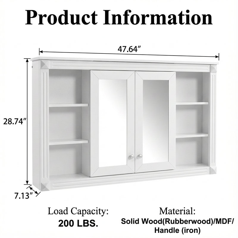 Grande armoire à miroir murale avec rangement réglable et tablettes ouvertes pour l'organisation de la salle de bain, de la chambre à coucher ou du meuble-lavabo