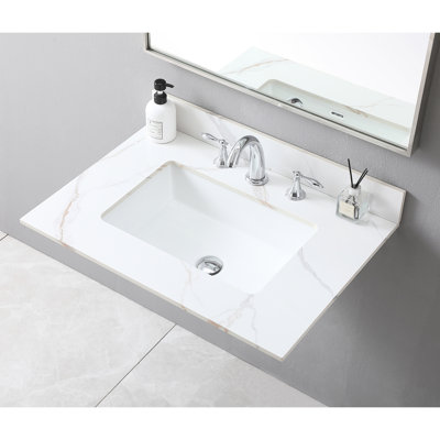 Plateau de meuble-lavabo classique de 31 pouces de couleur or, avec pierre frittée, évier en céramique et évier à dosseret rectangulaire, dosseret,