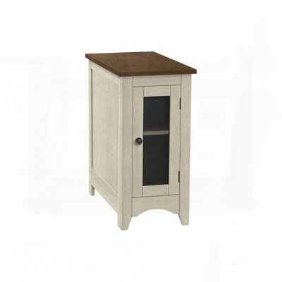 Two-Tone Narrow Accent Table with Closed Cabinet and Metal Mesh Door – Antique White & Brown Veneer