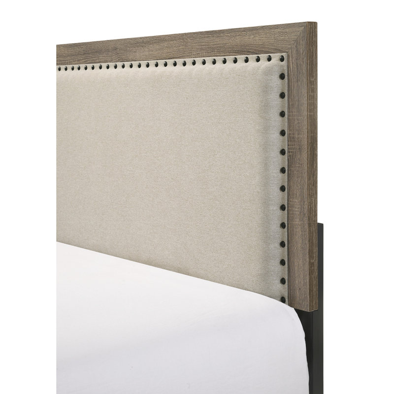Lit double moderne avec tête de lit tapissier grise et structure en tissu robuste, Lit double, Gris