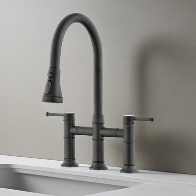 Double Handle Bridge Kitchen Faucet With Pull-down Spray Head