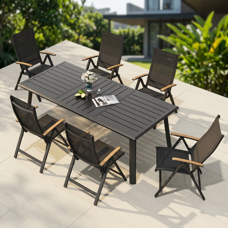 Ensemble repas pour 10 personnes en aluminium avec fauteuils inclinables pliés, Brun
