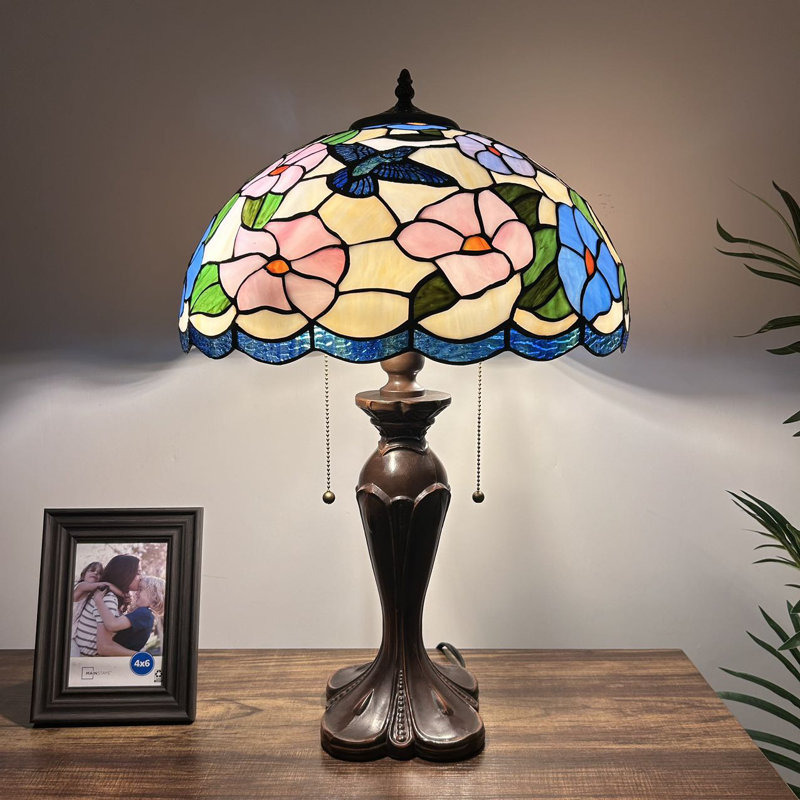 Bloomsbury Tiffany Table Lamp Pink Blue Stained Glass Hummingbird Flowers H24*W16 Inch
