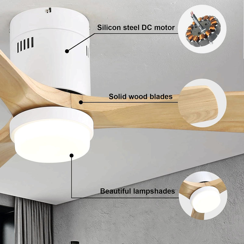 52 Inch Wooden Ceiling Fan With 18W Led Light 3 Solid Wood Blades Remote Control Reversible Dc Motor For Home, Natural, White