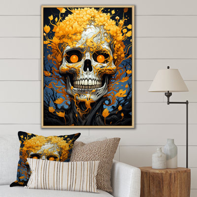 "Tête de mort souriante avec fleurs jaunes d'Halloween", reproduction sur toile