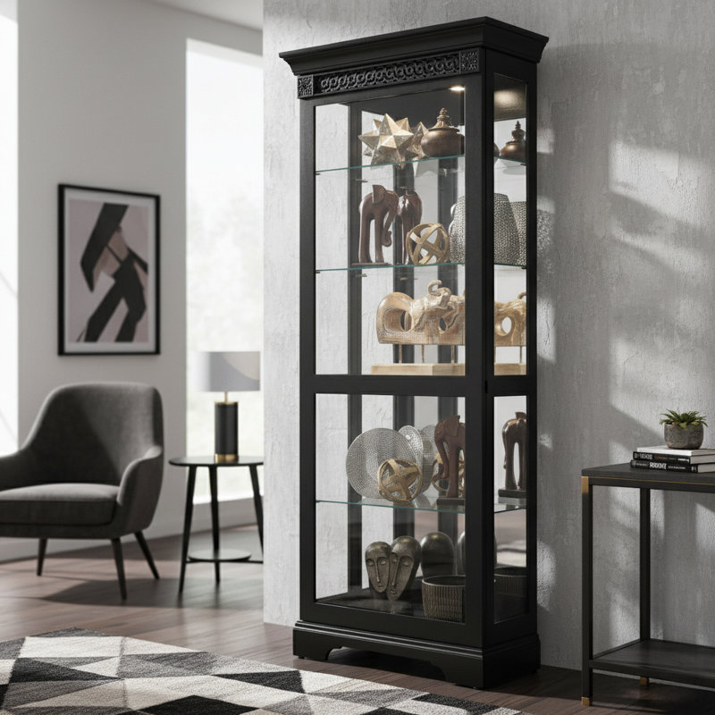 Brigid Lighted Curio Cabinet, Black Satin