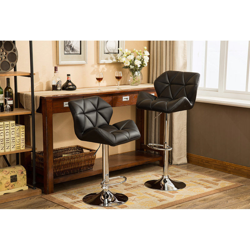 Contemporary Tufted Adjustable Height Hidraulic Bar Stools, Set Of 2, Black