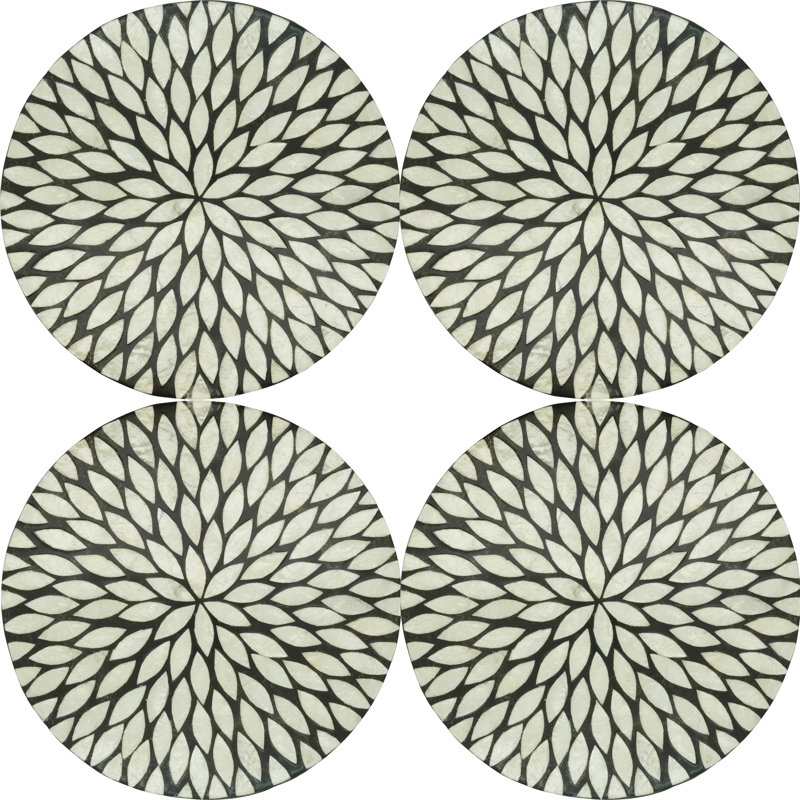 Black and White Floral Capiz Shell Round Placemats, Set of 4