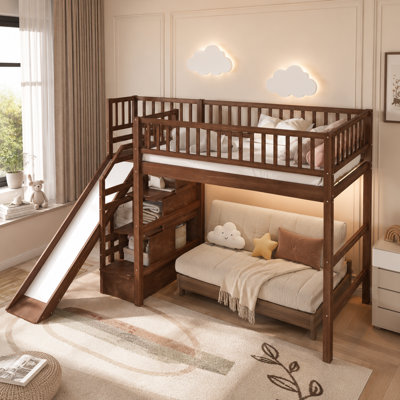 Lit mezzanine avec escalier de rangement intégré, glissière convertible et bande lumineuse DEL sous le lit