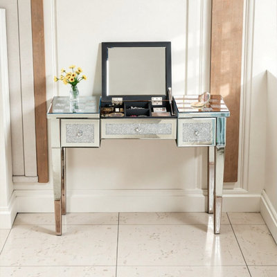 40 Inch Mirrored Vanity Desk with Diamond Inlay, Flip-Top Mirror Glass Dressing Table for Bedroom