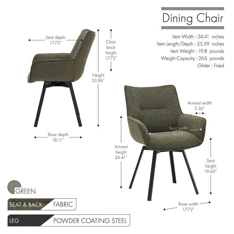 Chaise pivotante en tissu avec pieds en acier Heid, Vert