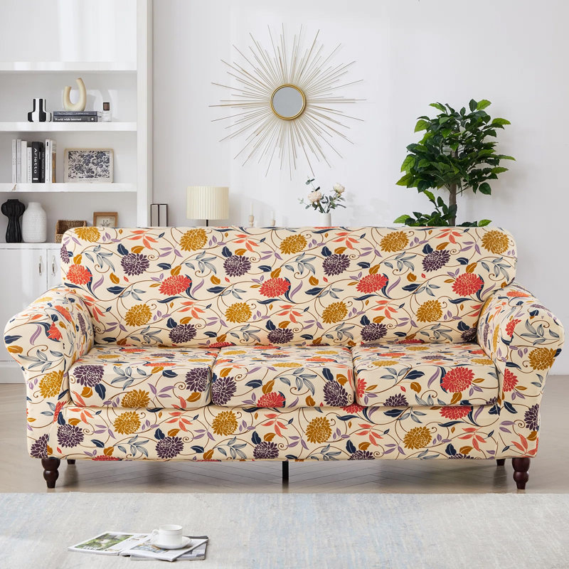 Housse de canapé imprimée pour canapé à 3 coussins, housse de canapé extensible 4 pièces avec trois housses de coussin séparées Motif floral à fond élastique (fleur de vigne, canapé)