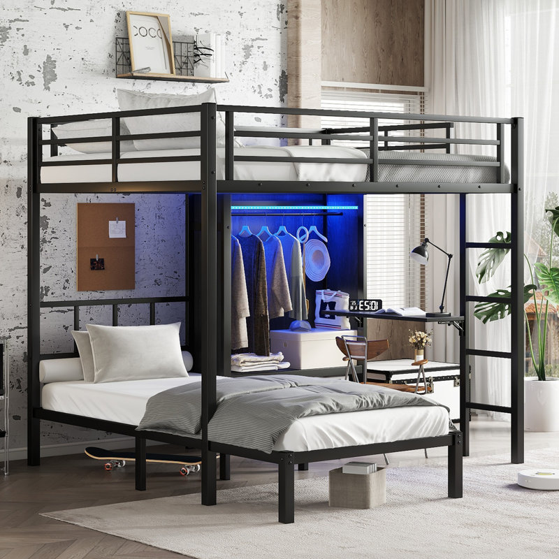Lit superposé en métal avec bureau pliant, garde-robe avec lumière DEL, conception à faible bruit, noir