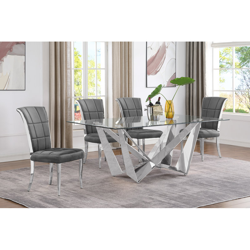 Kennise Glass Top Double Pedestal Dining Set, Grey, 5, Silver