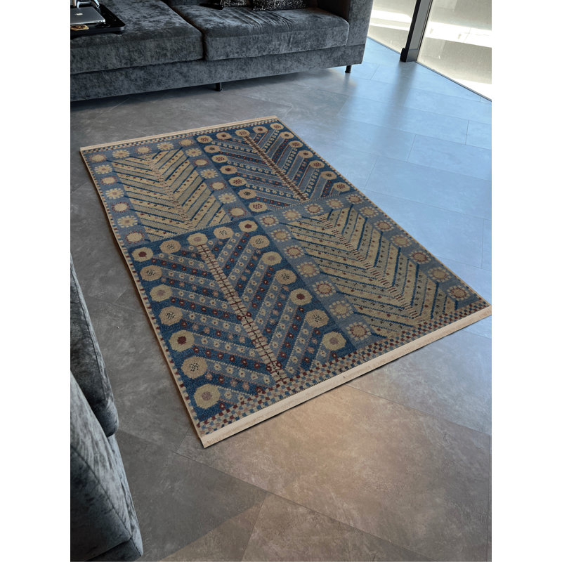 Tapis décoratif bleu à motif géométrique, Rectangle 4 pi 11,06 po x 9 pi 10,11 po