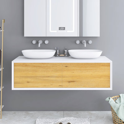 55" Modern Wall-Mounted Bathroom Cabinet, Equipped With Solid Surface Washbasin, MDF Cabinet Body, And Handle-Free Automatic Rebound Drawer