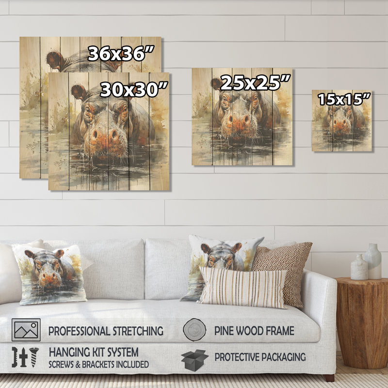 Hippopotame gris sur fond gris - Hippopotame sur bois, H 30 po x l 30 po