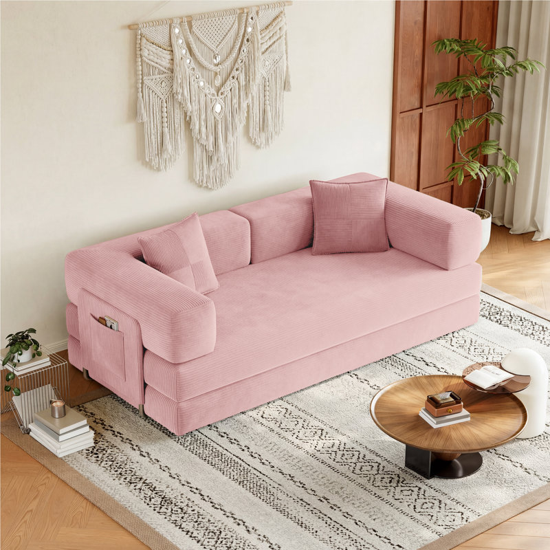 78.8'' Corduroy Convertible Sofa Bed Upholstered Sleeper Sofa with Armrest and Pillow, Pink