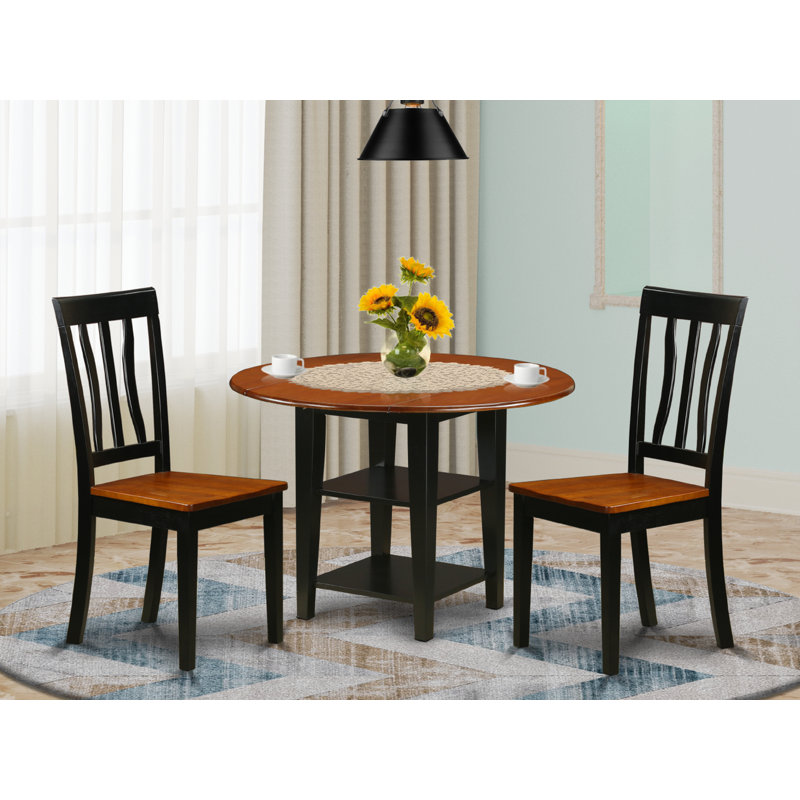 Ensemble de salle à manger 3 pièces comprenant une table ronde avec abattant et étagères et 2 chaises en bois, 107 x 107 cm, noir et cerisier
