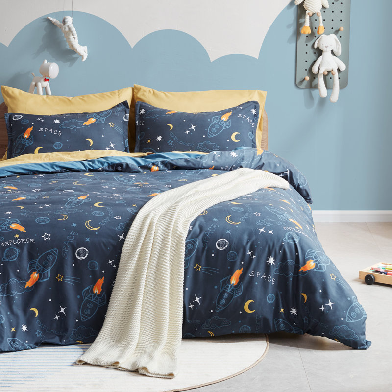  Space Rocket Reversible Duvet Cover Set, Twin Duvet Cover + 1 Sham