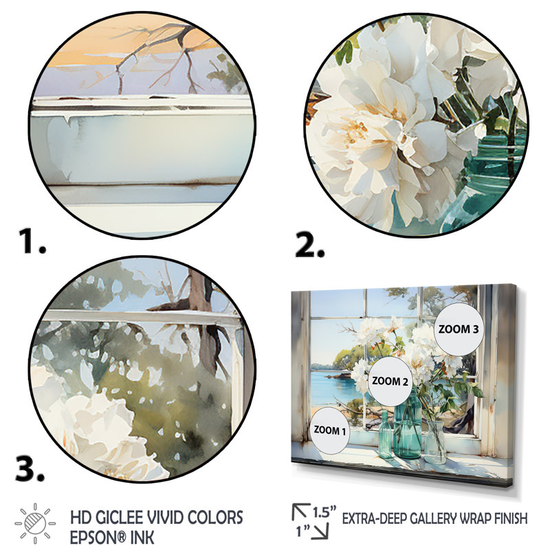 «Blue Window Beachfront View Blooms III - Coastal Windows», reproduction sur toile encadrée, Cadre flottant brun