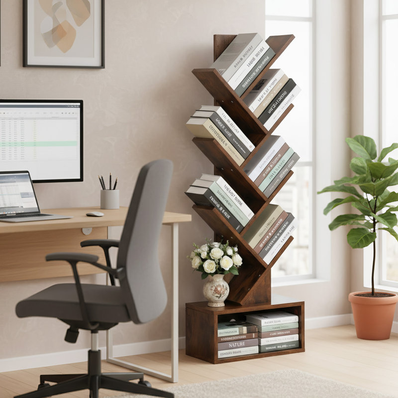 Bibliothèque sur pied Tree 7 tablettes Rustic Conor avec bibliothèque et armoire de rangement pour le bureau de la chambre à coucher, l 7,8 po x l 14,9 po x H 44,9 po 