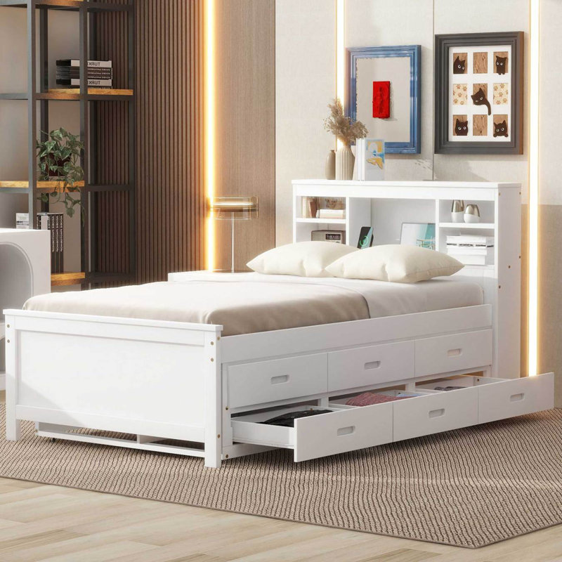 Lit plateforme simple avec tête de lit, USB, lit gigogne simple et 3 tiroirs, Blanc