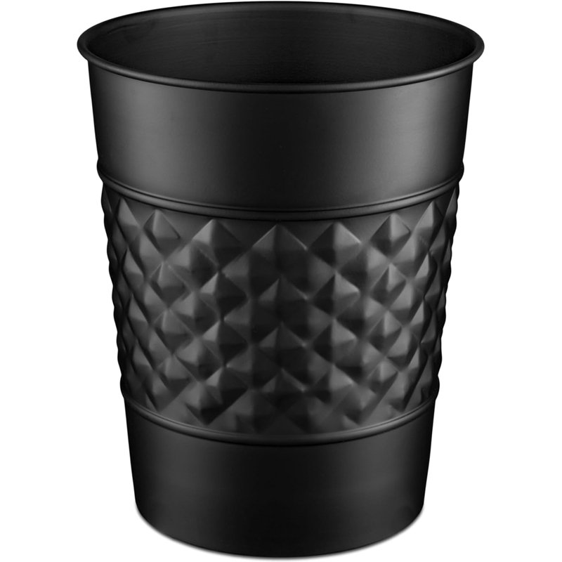 Matte Black Geometric Embossed Metal Bathroom Trash Can