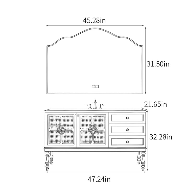Armoire de salle de bain en rotin rétro de style français, H 32,28 po x l 47,24 po x P 21,65 po