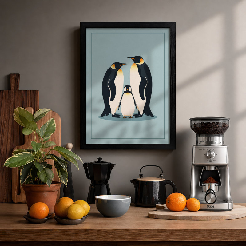 Three Emperor Penguins Minimalist - Framed Print, A2 - 59.4 x 42.0 cm, Black