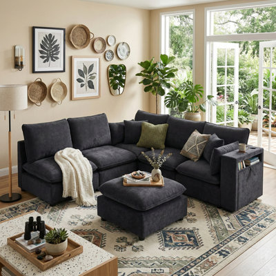 Modern 93.7" Modular Sectional Sofa With Reversible Ottoman, Storage Armrests & USB Ports, Upholstery 5-Seater Sleeper Sofa Bed