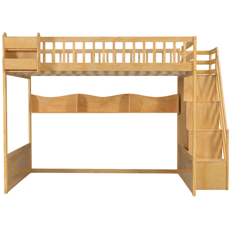 Lit mezzanine avec tablettes ouvertes et garde-robe, Natural