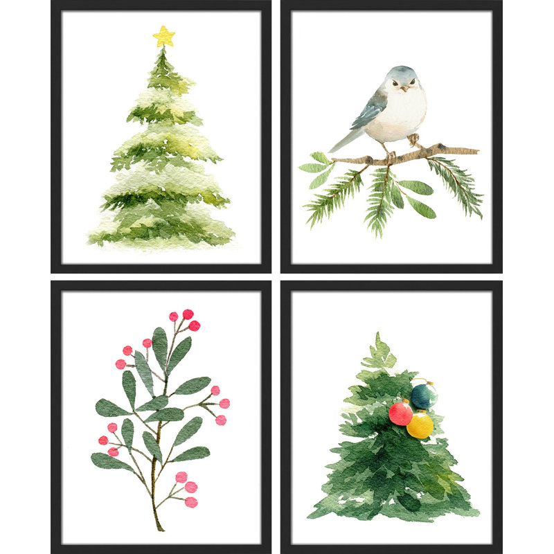 «Christmas Tree Pine Tree Bird Forest Forest», impression sur papier 4 pièces, Noir, H 10 po x l 8 po