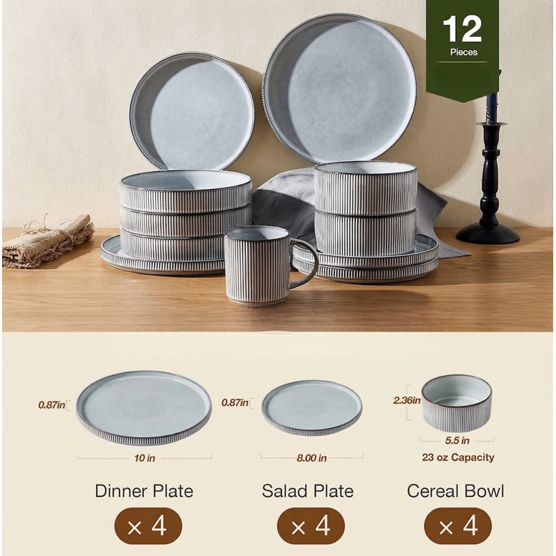 Service de table 12 pièces en grès nervuré 12 pièces pour 4 plats résistants aux ébréchures et aux rayures, allant au micro-ondes et au lave-vaisselle, gris mat
