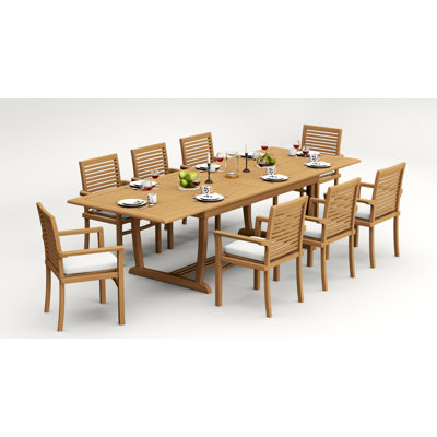 Ensemble de salle à manger 9 pièces en bois de teck de qualité A: table de chevet rectangulaire à double extension de 118 po et 8 chaises à accoudoirs empilables # 11MS2508
