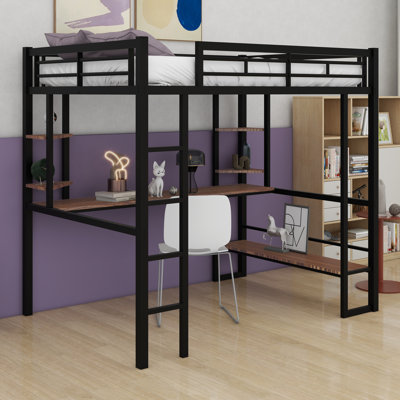 Lit mezzanine double en métal et panneau de fibres à densité moyenne avec long bureau et tablettes