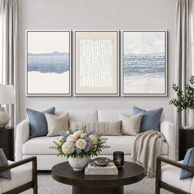 «Geometric Line», art abstrait bleu beige grunge, images murales minimalistes modernes et neutres, impression sur toile encadrée, 3 pièces, 16 x 24 x 3, 24 x 36 x 3