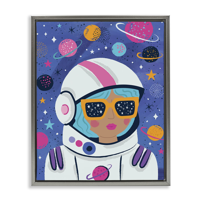 «Astronaut Gal in Space», art mural encadré par Lisa Perry White, Cadre flottant gris lustré, H 21 po x l 17 po