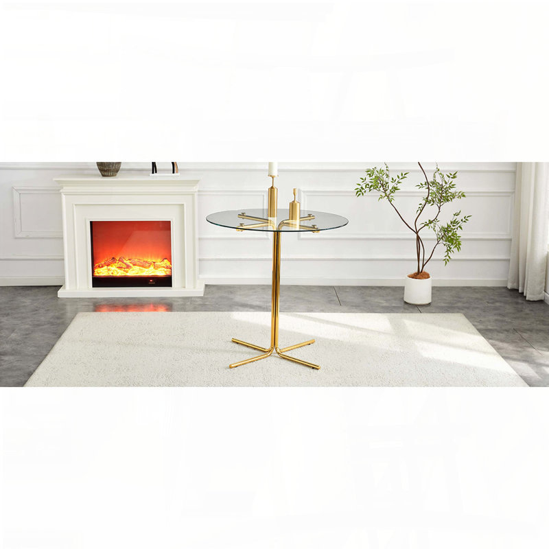 36-Inch Round Glass Bar Table - Tempered Glass Top, Gold Chrome Four-Column Support, Clear/Gold
