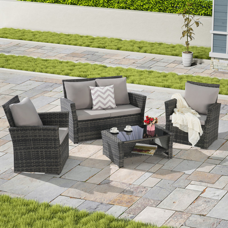 4 Pieces Outdoor Patio Furniture Sets Garden Rattan Chair Wicker Set with Ottoman & Tempered Glass Coffee Table Weather Resistant Cushion