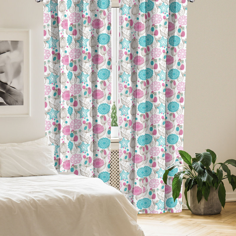 Rideaux 4 panneaux Ambesonne, fleurs de tulipe esquissées, rose sarcelle et taupe, L 56 po x L 63 po