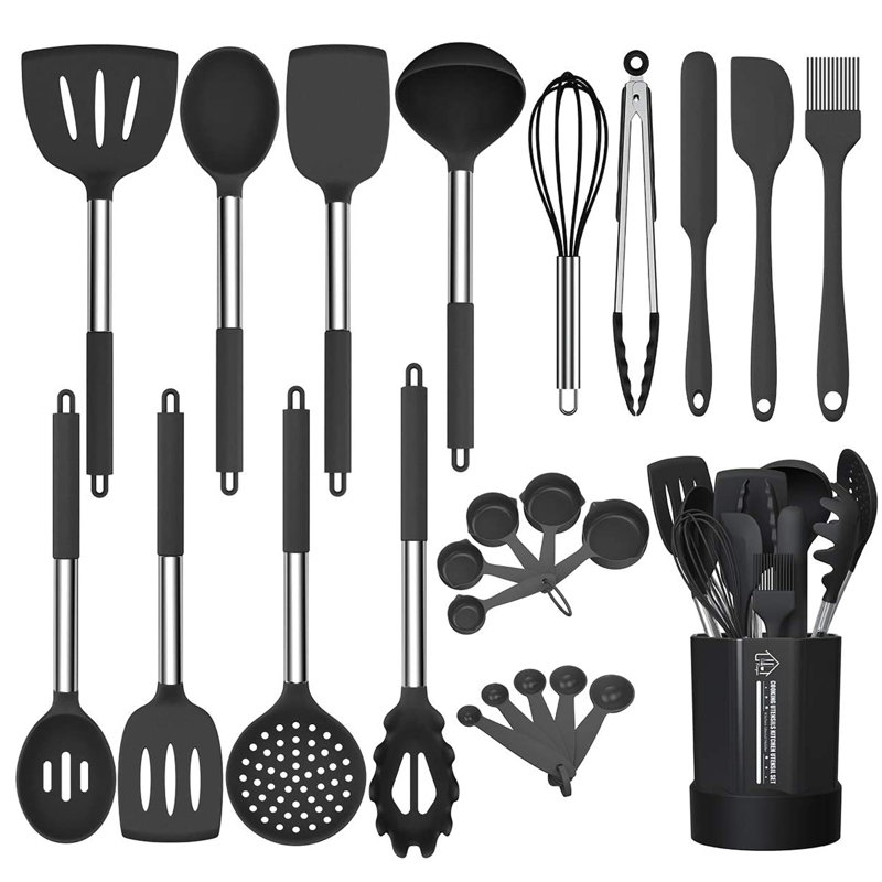 Ensemble 24 pièces d'ustensiles de cuisine en silicone, résistant à la chaleur antiadhésif, noir
