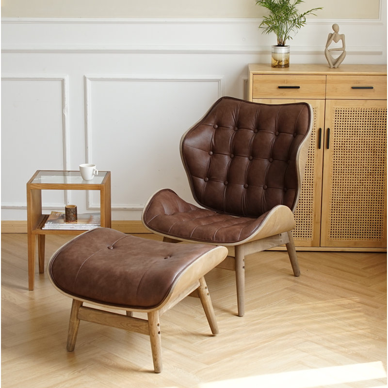 Jeyshan Upholstered Tufted Lounge Chair and Ottoman, Dark Brown Faux Leather