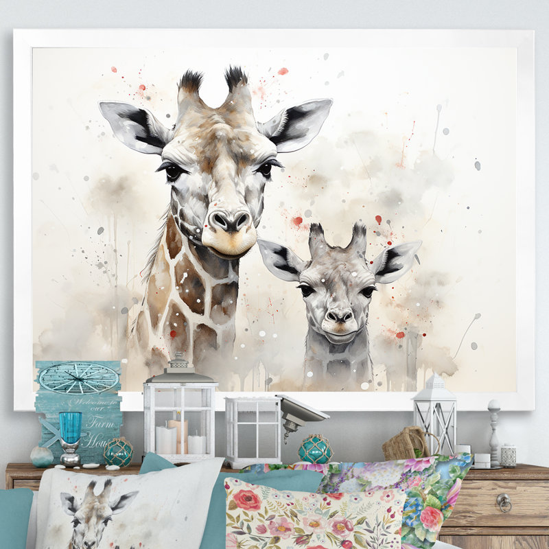 Famille de girafe beige ludique, Cadre simple blanc, H 30 po x l 40 po x P 1,5 po